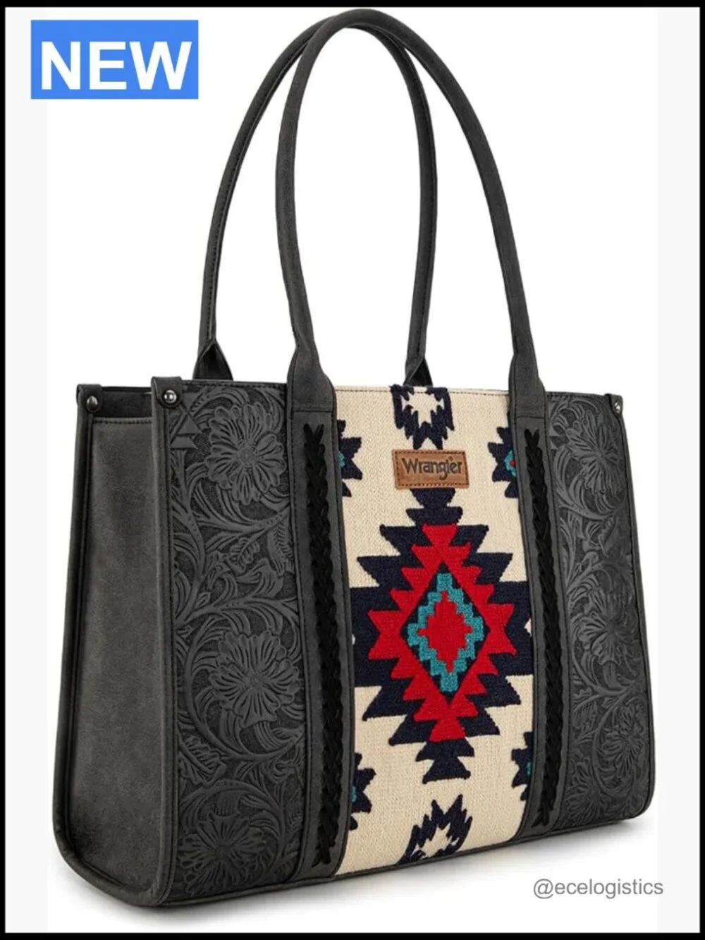 Western Tote Bag with Aztec Tapestry Genuine Leather Whipstitching